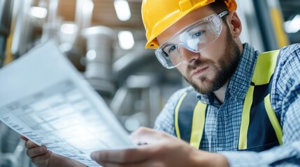 Caucasian male engineer in safety gear reviewing blueprints at worksite