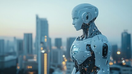 Humanoid robot overlooking futuristic city at dawn; AI concept
