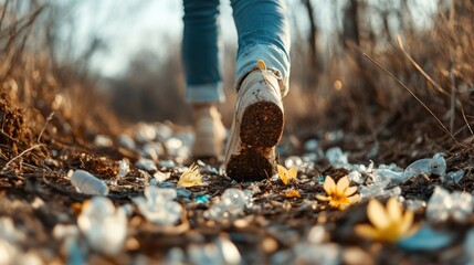 Person hiking through littered forest trail in autumn