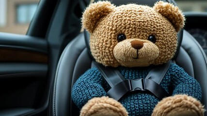 A crocheted teddy bear secured in a car seat, promoting child safety.