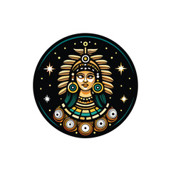 Draw a majestic Aztec moon goddess, Coyolxauhqui, adorned with celestial symbols, surrounded by a swirling vortex of stars and cosmic dust.  (1)