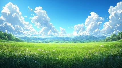 Beneath a bright blue sky with fluffy white clouds, this vibrant pixel art landscape includes rolling green hills and a pixelated sun setting on the horizon, enveloped in warm, ambient lighting,
