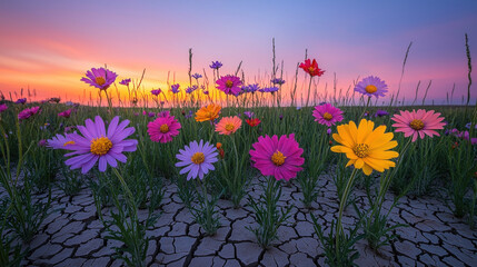 Fototapeta premium Colorful wildflowers blooming in cracked desert soil at sunset