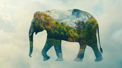 The majestic form of an elephant gracefully walks through a lush jungle, its outline merging with the vibrant greenery in a beautiful double exposure effect, celebrating wildlife.