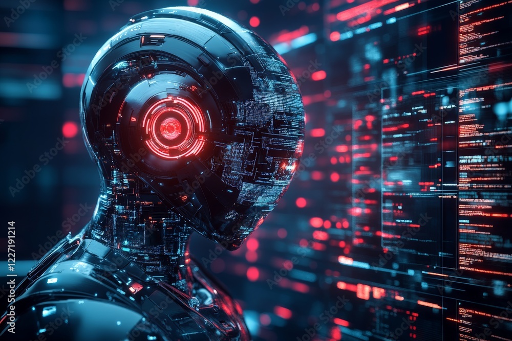 Aufkleber Futuristic robot with glowing elements interacts with data interfaces in a high-tech environment
