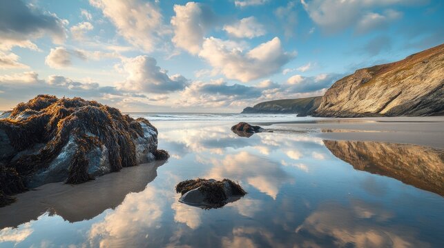 Serene coastal landscape with rocky shore and reflective water at sunset