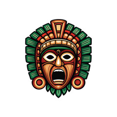 Draw a symbolic Aztec death mask, open mouth revealing fangs, intricate details, vibrant colors, strong lines.  (1) indicates version.