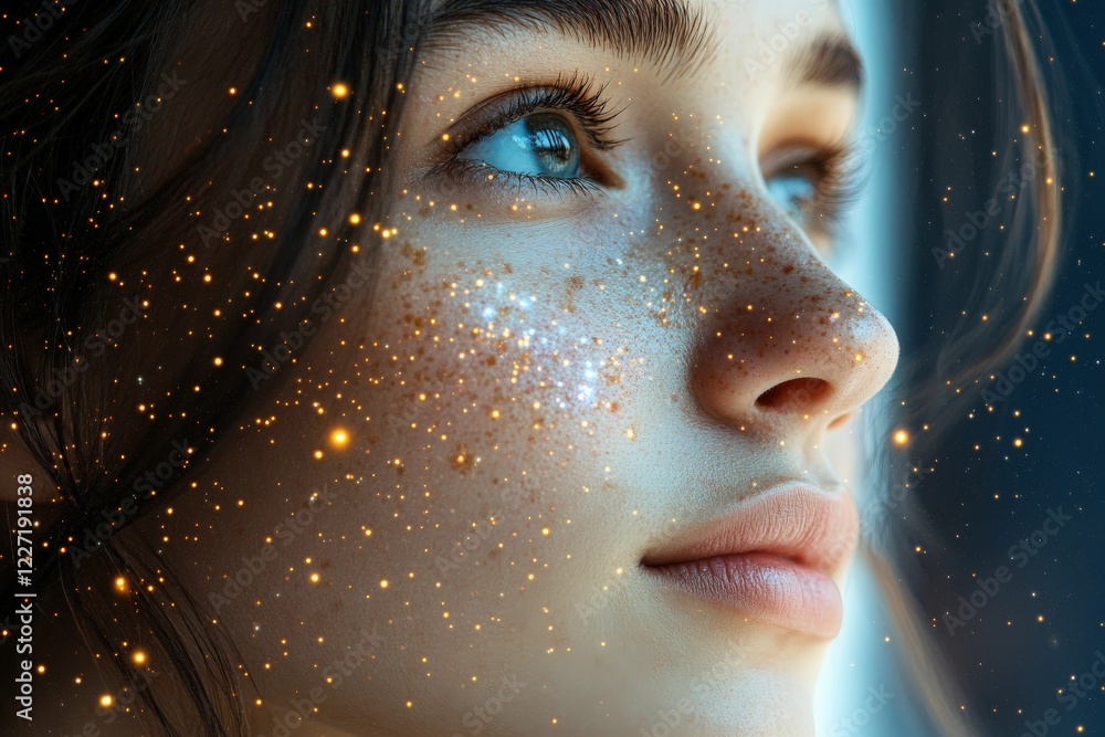 Poster young woman gazing thoughtfully while surrounded by a swirl of sparkling lights, capturing a moment 