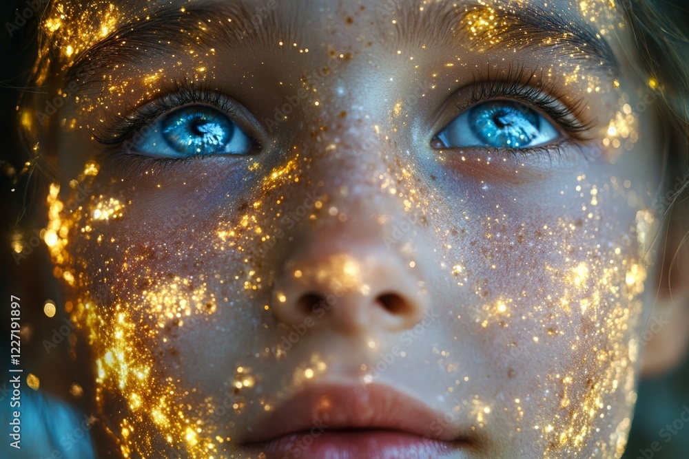 Poster stargazer explores the wonders of the universe through shimmering face art at twilight