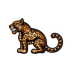 Draw a detailed vector illustration of an Aztec jaguar, showcasing its powerful musculature, ornate headdress, and fierce expression.