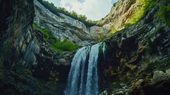Majestic waterfall cascading down a rocky cliff surrounded by lush green vegetation under a bright sky