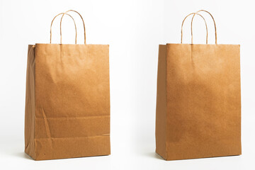 Brown paper bags with handles, before and after crease removal on a white background