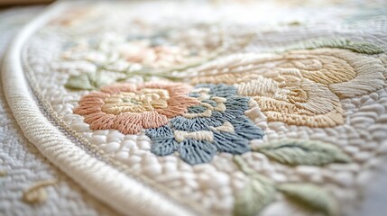 Obraz premium Close-up floral embroidery, cream quilt, bedroom setting, textile detail, home decor