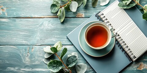 Teal Cup of Tea Resting on Planner Surrounded by Eucalyptus