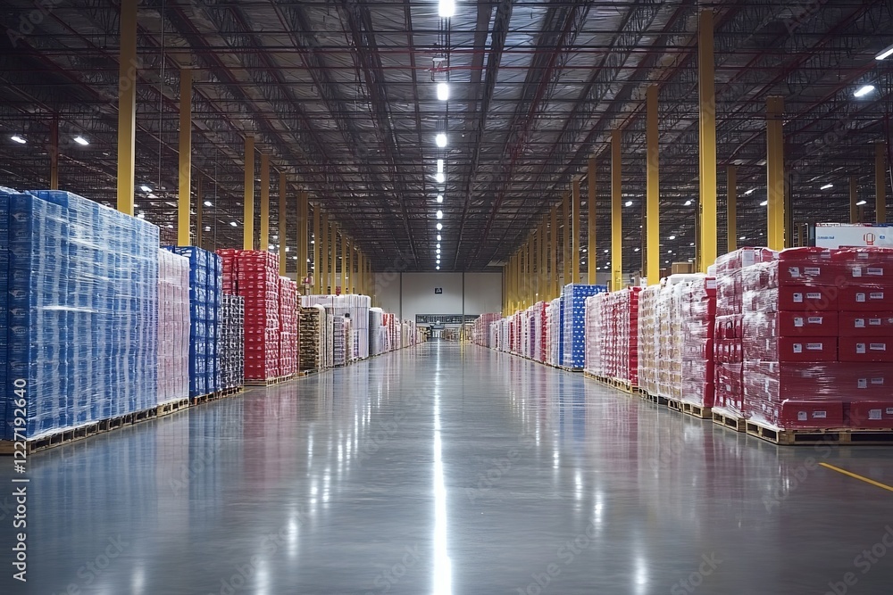 Poster colorful rows of stacked pallets in a large warehouse create an organized storage environment