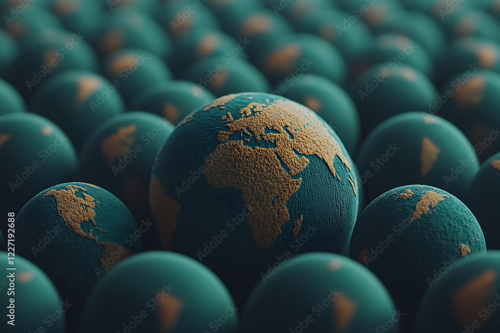 Poster a close-up view of a globe surrounded by numerous similar spheres, symbolizing global unity and dive