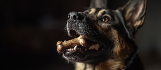 Obraz premium Happy German Shepherd indoors holding bone, dark background, pet treat ad