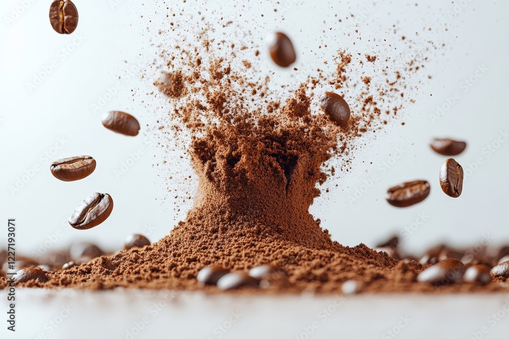 Aufkleber Coffee ground explosion with scattered beans creating an artistic display on a neutral background