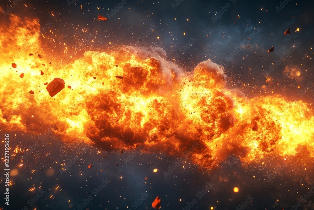 Poster Bright explosion creating fiery clouds and debris in a cosmic space background during an exciting cosmic event