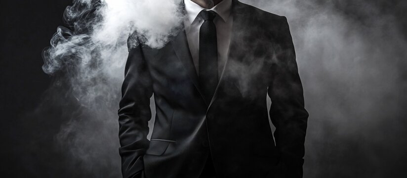 Smoggy backdrop, man in suit vaping