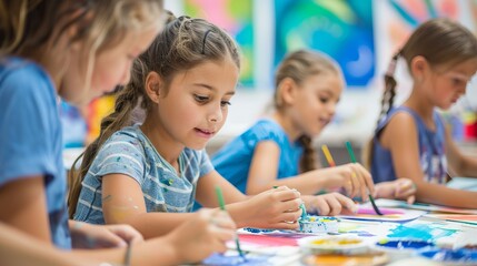 Fototapeta premium Young girls engaged in creative painting activities, showcasing imagination and artistic expression in a vibrant classroom environment.