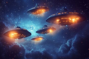Five glowing flying saucers illuminate a starry night sky over an alien landscape