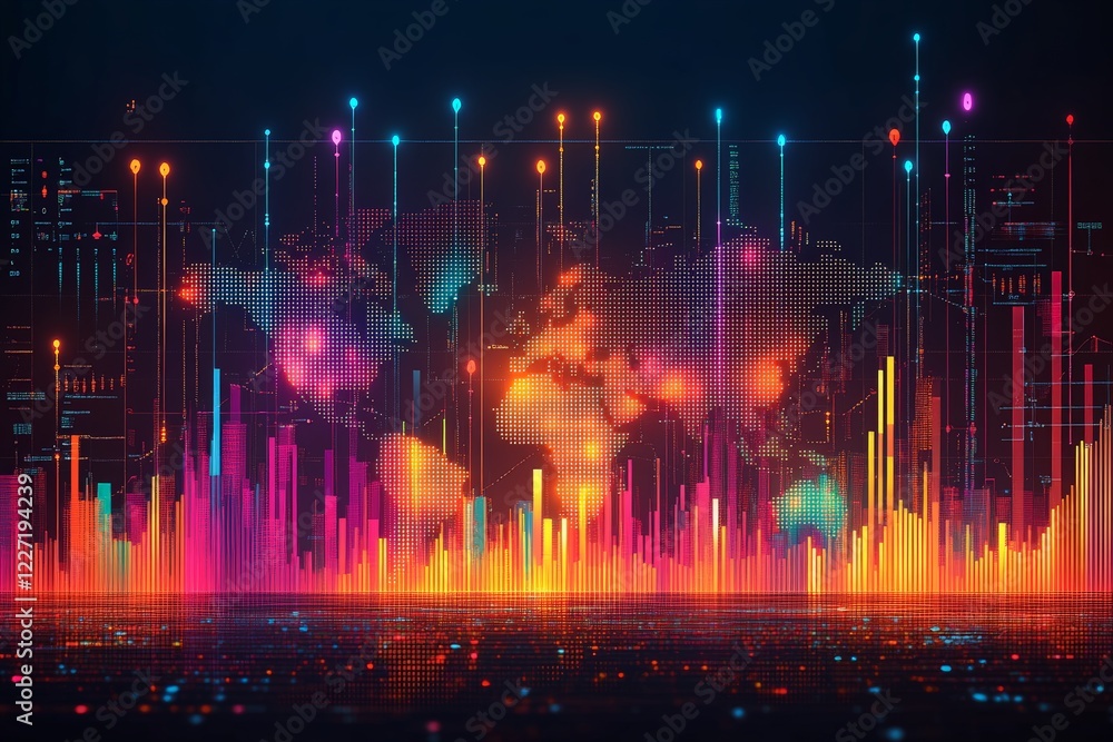 Poster data visualization in vibrant colors highlighting global trends and analytics in a digital landscape