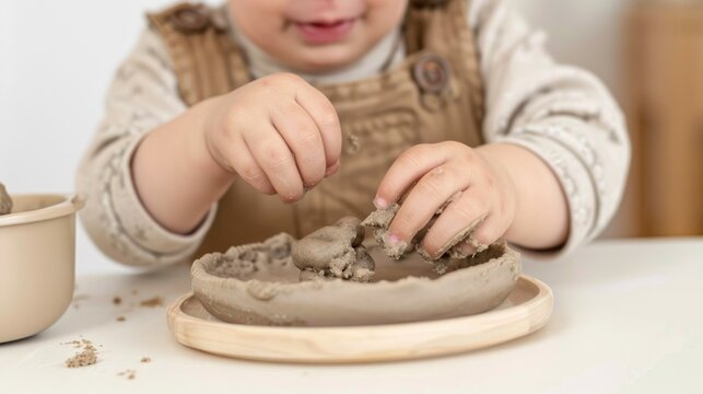 Caucasian child engaging in creative clay play at home