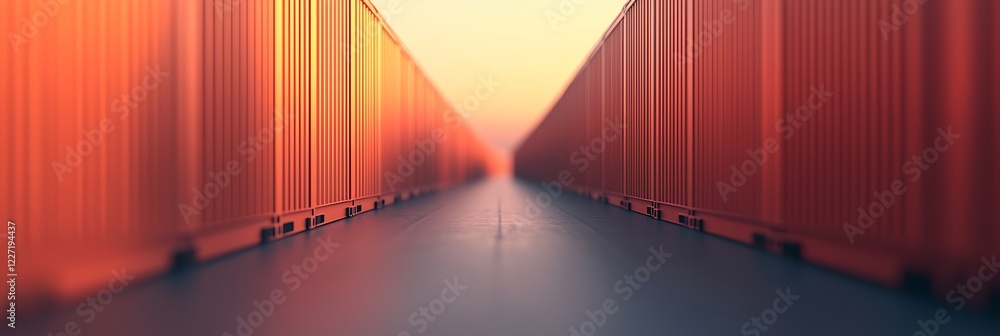 Poster a vibrant perspective view of shipping containers lined up, creating a symmetrical corridor that lea