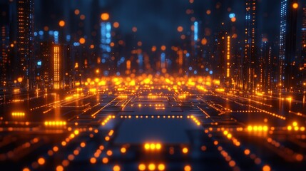 Obraz premium Futuristic city glowing with orange and blue lights on a circuit board.