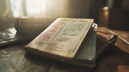 Vintage passports, stamps, travel memories, wooden table, sunlit room