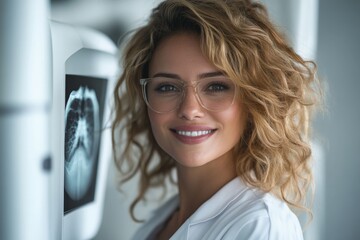 Smiling healthcare professional reviewing x-ray results in a modern medical facility
