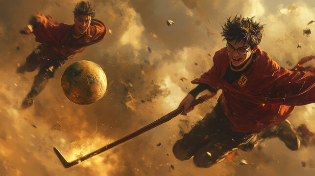 A dramatic Quidditch scene where a Beater strikes a Bludger with their bat, sending it toward an opponent, while a Chaser zooms in to make a perfect pass to their teammate