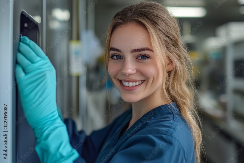 Poster smiling healthcare professional wearing gloves in a laboratory setting during the day