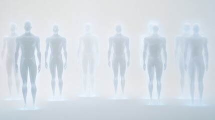 Glowing figures stand in foggy studio; digital art, futuristic concept