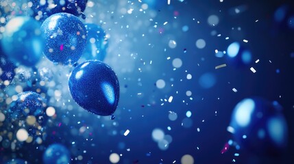 Holiday's blue background with deep blue balloons, confetti, sparkles, lights. Anniversary. Banner for birthday, party, Christmas, New Year, promotion social media cover