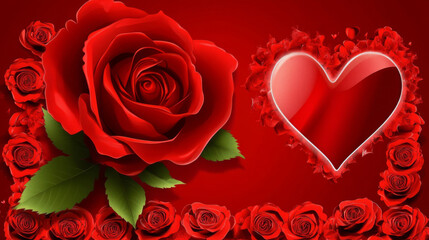 Fototapeta premium Red roses and heart on vibrant background symbolize love
