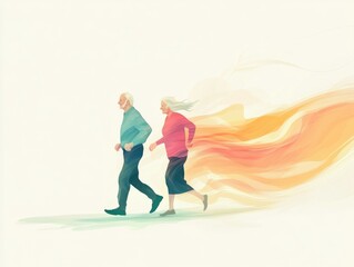 Obraz premium Elderly caucasian couple walking with vibrant energy trail in abstract art