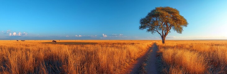 Fototapeta premium The scenic Serengeti plains, with a sweeping savannah vista and a characteristic big acacia tree in focus
