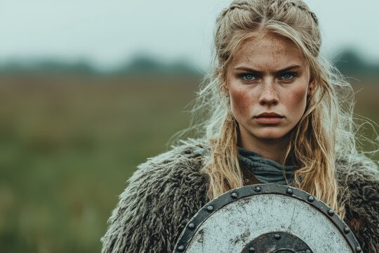 Viking warrior stands resolute in a misty landscape, showcasing strength and determination