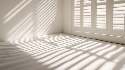 Fototapeta premium Sunlight streams through shutters onto bedroom floor, illuminating white walls