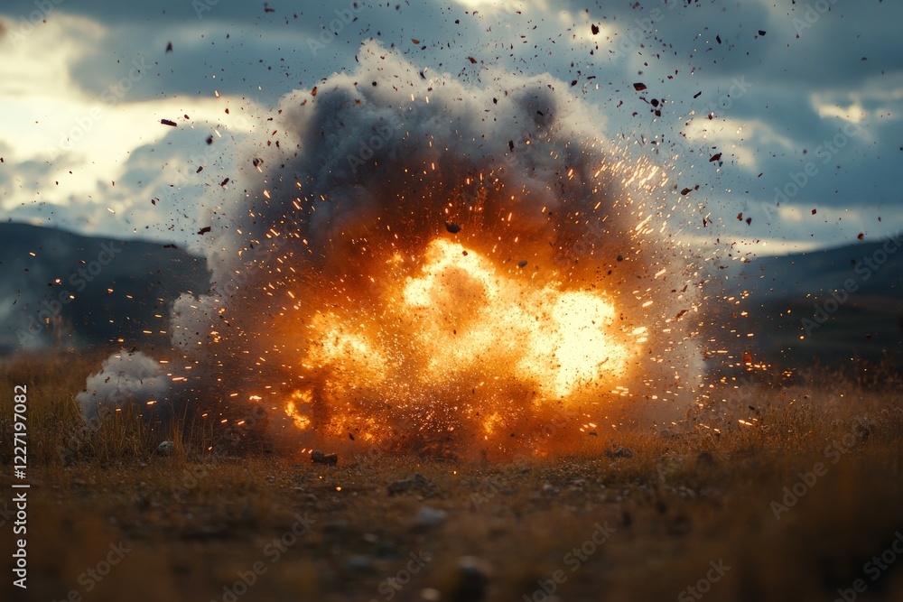 Aufkleber large explosion erupts in open field during daylight beneath cloudy sky