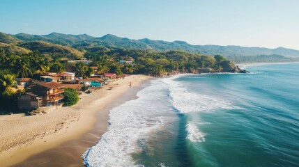 Coastal Village Scene: Sandy Beach, Rolling Waves, and Lush Green Mountains