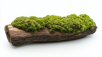 Lush green moss growing on a weathered wood log against a white background, perfect for nature-themed design