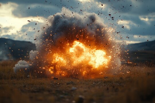 Large explosion erupts in open field during daylight beneath cloudy sky