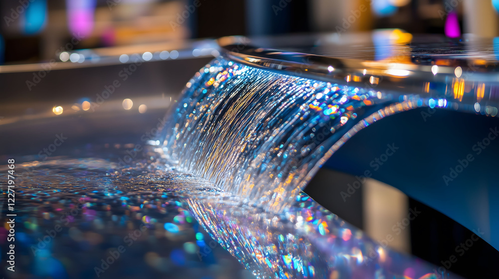 Poster sleek chrome liquid cascading in a vibrant display of colors and reflections during daylight. genera