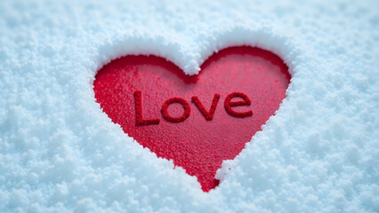 A red heart with the word Love painted on it rests on a snowy surface, creating a simple yet romantic scene