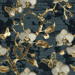 Exotic pink orchids and green jungle leaves, vibrant floral pattern