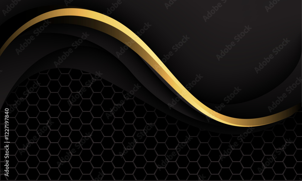 Poster abstract gold line curve on black hexagon mesh luxury design modern background vector