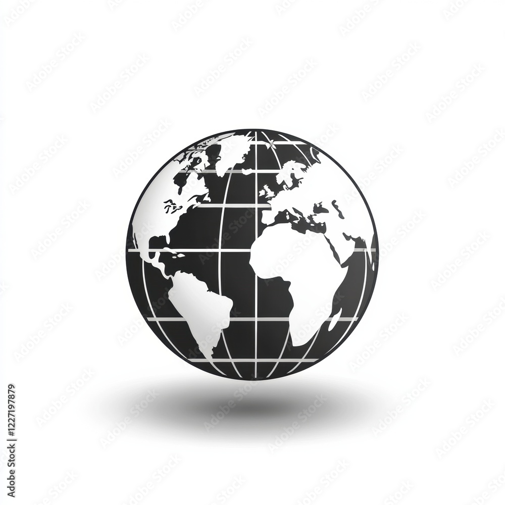 Poster black and white globe depicting continents and oceans with a minimalist design for educational or ar